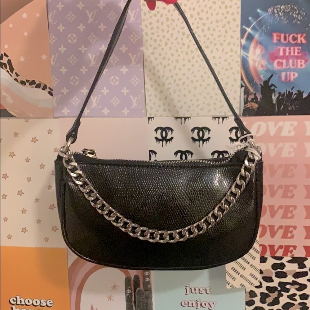 Mini black purse with silver chain
